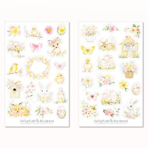 Conjunto de pegatinas de primavera: conejo, zorro, pato, pollito, ciervo, cordero, animales bonitos, diario, planificador, flores, fiestas, Pascua, naturaleza, jardín, mariposa, rosa.