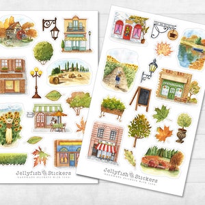 Conjunto de adesivos de outono da cidade - adesivos de diário, adesivos de planejador, decalques, adesivos de casa, casas, edifícios, vila, rua, paisagem, natureza