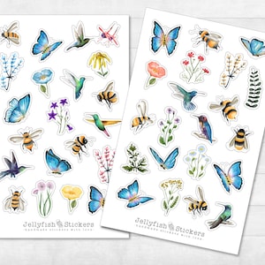 Ensemble d’autocollants d’oiseaux et d’insectes - Autocollants de journal, autocollants de planificateur, nature, autocollants colorés, fleurs, jardin, oiseau, papillon, abeille