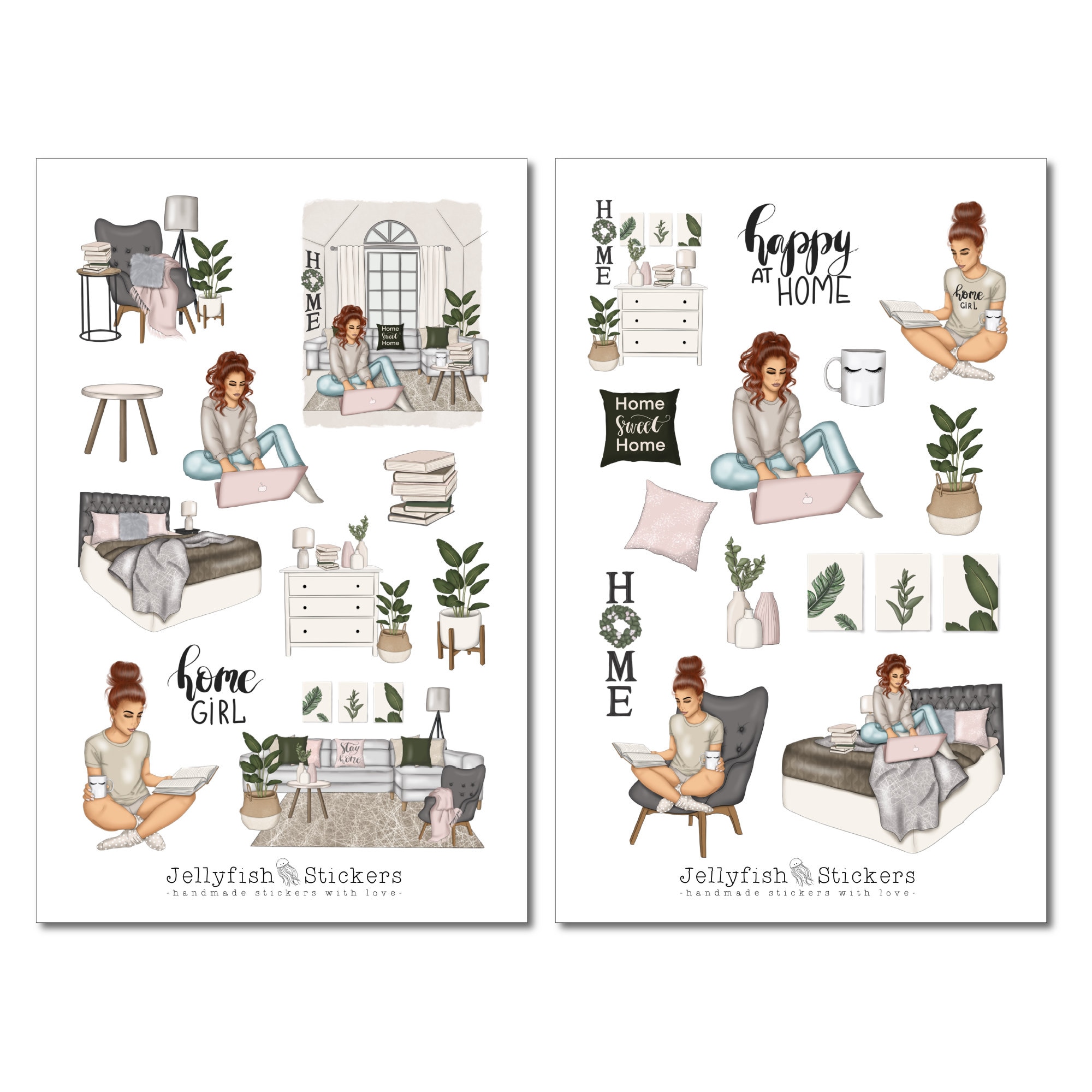 Mädchen Bücher Sticker Set – 2 Bögen, 180x110 Mm, Planer- & Journal-Sticker, Gemütliche Motive