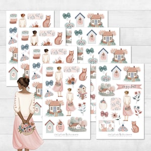 Conjunto de adesivos de outono para meninas - adesivos, adesivos de diário, adesivos de planejador, adesivos de meninas, moda, flores, pastel, rosa, abóbora, gato