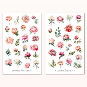 Pioenstickerset - bloemenstickers, dagboekstickers, stickerbloemen, natuur, tuin, planten, bloemen, roze, rozen