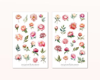 Peony-stickerset - bloemenstickers, dagboekstickers, stickerbloemen, natuur, tuin, planten, bloemen, roze, rozen