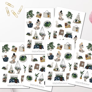 Conjunto de adesivos para casa de meninas - adesivos de diário adesivos de planejador adesivos de meninas, adesivos de ioga, relaxamento, plantas, apartamento, relaxante