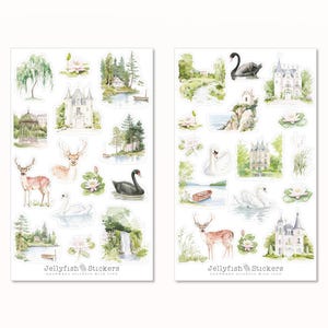 Conjunto de pegatinas de naturaleza: lago, castillo, animales, cisne, ciervo, pájaro, bosque, montañas, cascada, pegatinas para diario, planificador, pegatinas para vacaciones, viajes, senderismo, cuento de hadas.