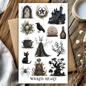 May include: A sheet of stickers with a spooky theme. The stickers feature a black cat, spider, castle, raven, and other Halloween-related images. The text "WICKED HEART" is at the bottom of the sheet. The stickers are in watercolor style.