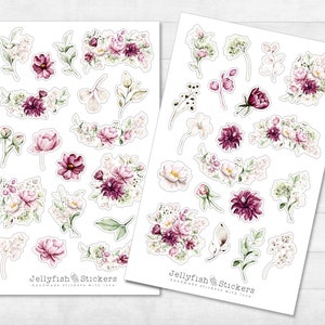 Paarse bloemstickerset - bloemenstickers, plannerstickers, stickers natuur, tuin, plant, boeket, lente, bruiloft, bloesems, roze