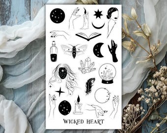 Hoja de pegatinas mágicas: pegatinas, bruja, hechizo, poción, libro de hechizos, cartas del tarot, luna, estrellas, noche, cristal, blanco y negro