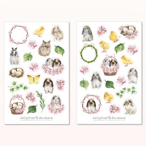 Ensemble d’autocollants de printemps - Autocollants planificateur, autocollants journal, jardin, plantes, nature, fleurs, lapin, Pâques, lapin de Pâques, œufs, poussins, canard