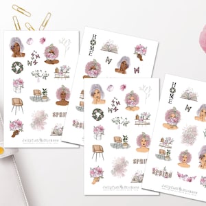 Ensemble d’autocollants de printemps pour filles - Autocollants floraux, autocollants de journal, autocollants de planificateur, printemps, été, fleurs, papillons, plantes