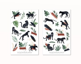 Puede incluir: Dos hojas de pegatinas con ilustraciones de panteras negras en varias poses, intercaladas con elementos botánicos de estilo acuarela en verde, marrón y dorado. El texto "Jellyfish Stickers" es visible en la parte inferior de cada hoja.
