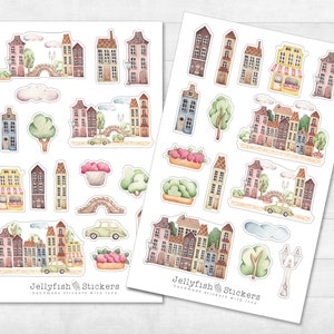 Set di adesivi per case: adesivi per diario, adesivi per pianificatore, decalcomanie, adesivi per casa, edificio, città, villaggio, strada, paesaggio