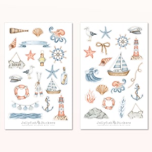 Maritieme stickerset - zeestickers, dagboekstickers, zeestickers, strand, vakantie, zeemeeuw, vuurtoren, schip, boot, schelpen, octopus