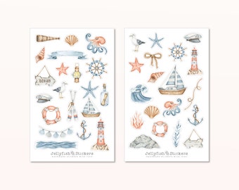 Nautical Sticker Set - Sea Stickers, Journal Stickers, Beach Stickers, Vacation Stickers, Seagull, Lighthouse, Ship, Boat, Shells, Octopus