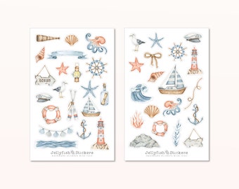 Maritime Sticker Set - Sea Stickers, Journal Stickers, Sea Stickers, Beach, Holiday, Seagull, Lighthouse, Ship, Boat, Shells, Octopus