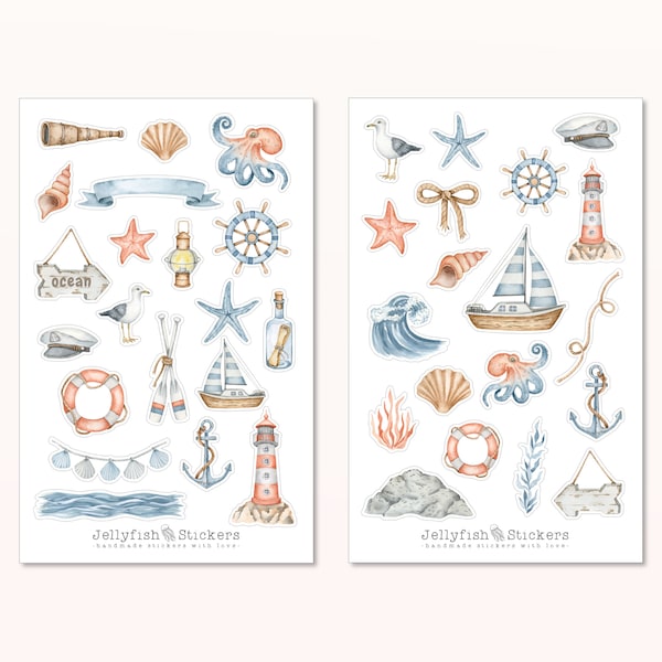 Maritim Sticker Set - Aufkleber Meer, Journal Sticker, Sticker Meer, Strand, Urlaub, Möwe, Leuchtturm, Schiff, Boot, Muscheln, Krake