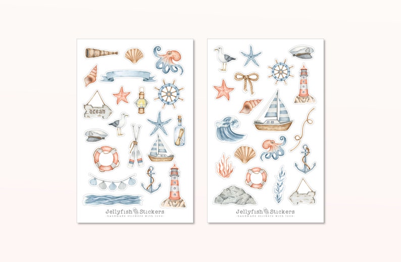 Maritime Sticker Set Sea Stickers, Journal Stickers, Sea Stickers, Beach, Holiday, Seagull, Lighthouse, Ship, Boat, Shells, Octopus image 1