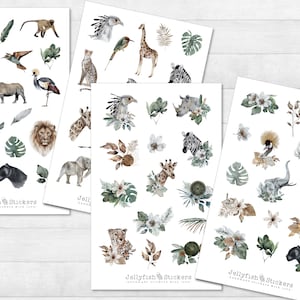 Jungle dieren sticker set - dagboekstickers, stickers leeuw, dieren, safari, zomer, Afrika, olifant, planten, bloemen, stickers, natuur
