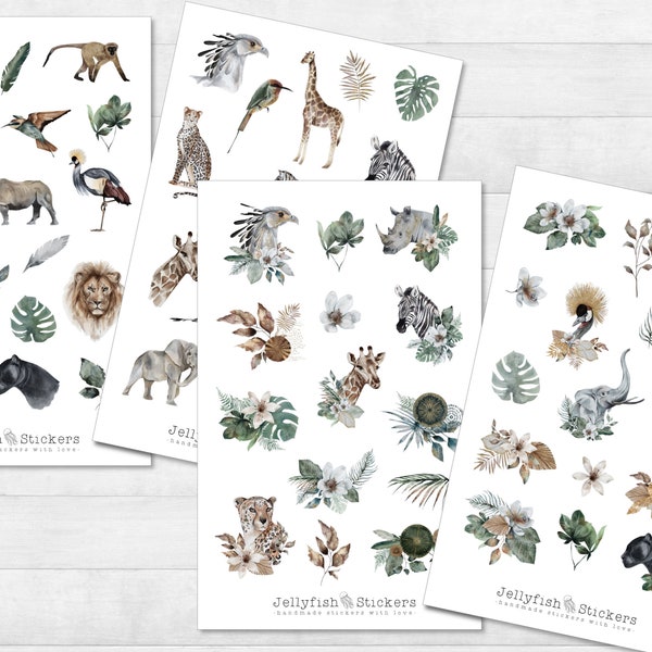 Jungle Animals Sticker Set - Journal Stickers, Stickers Lion, Animals, Safari, Summer, Africa, Elephant, Plants, Flowers, Stickers, Nature