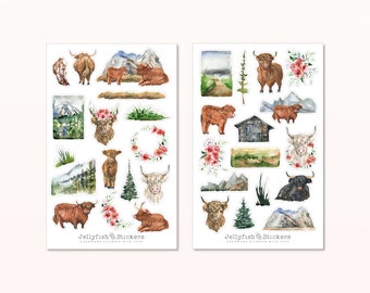 Scottish Highland Cattle Sticker Set - Journal Stickers, Planner Stickers, Decals, Scotland, Nature, Mountains, Cow, Calf, Flowers, Highlands