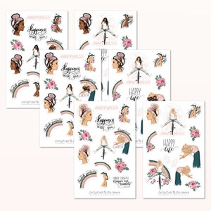 Conjunto de pegatinas de primavera para niñas - pegatinas de diario, pegatinas del planificador, pegatinas mujeres, ropa, girlboss, colores de cabello, flores, arco iris, felicidad