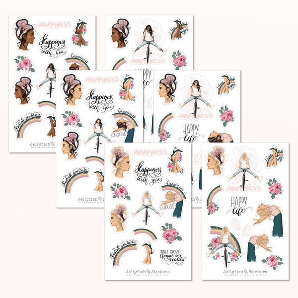Girls Spring Sticker Set - Journal Stickers, Planner Stickers, Stickers Women, Clothes, Girlboss, Hair Colors, Flowers, Rainbow, Happiness