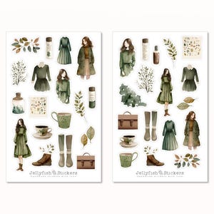 Ensemble d’autocollants vert forêt - autocollants, autocollants de journal, autocollants de planificateur, filles autocollantes, fleurs, floral, thé, tasse, automne, forêt, mode, vêtements