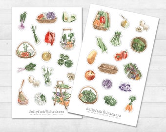 May include: Two sheets of stickers featuring watercolor illustrations of various vegetables and produce. The stickers are labeled "Jellyfish Stickers" and "Handmade stickers with love".