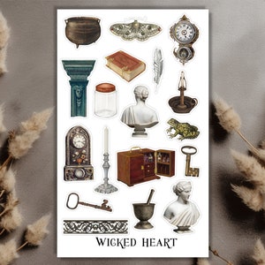 feuille d'autocollants vintage - autocollants, autocollants, objets, sculptures, alchimie, magique, mystique, livre de sorts, potions, animaux, objets