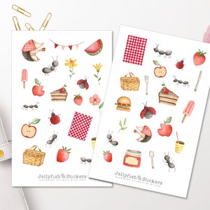 Set di adesivi per picnic - Adesivi per agenda, decalcomanie, adesivi Primavera, Estate, Cibo, Bevande, Piatti, Libro di cucina, Ricette, Giardino, Formiche