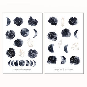 Maan en sterren stickerset - dagboekstickers, plannerstickers, sterrenbeelden, magie, maan, nacht, lucht, sterren, diamant, kristal