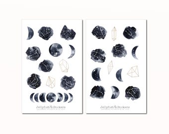 Moon and Stars Sticker Set - Journal Stickers, Planner Stickers, Constellations, Magic, Moon, Night, Sky, Stars, Diamond, Crystal
