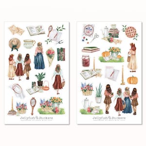 Conjunto de pegatinas de primavera - Pegatinas, Pegatinas de diario, Pegatinas de planificador, Niñas, Prado, Floral, Flores, Novia, Libros, Cottagecore