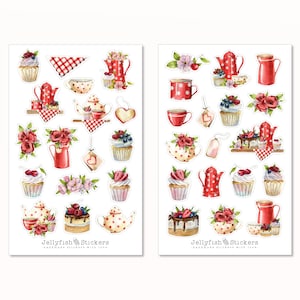 Rote Küche Sticker Set - Aufkleber Kochbuch, Sticker Kochen, Rezeptbuch, Rezepte, Tee, Kaffee, Backen, Backbuch, Blumen, Cupcakes, Muffin