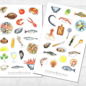 Meeresfrüchte Sticker Set - Aufkleber Bunt, Journal Sticker, Sticker Essen, Restaurant, Küche, Kochen, Rezeptbuch, Rezepte, Fisch, Muscheln