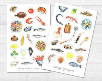 Meeresfrüchte Sticker Set - Aufkleber Bunt, Journal Sticker, Sticker Essen, Restaurant, Küche, Kochen, Rezeptbuch, Rezepte, Fisch, Muscheln