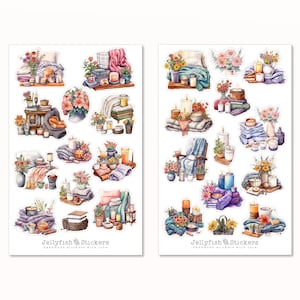 Gemütliches Zuhause Sticker Set - Aufkleber, Journal Sticker, Planer Sticker, Kerzen, Bücher, Herbst, gemütlich, Wohnung, Blumen