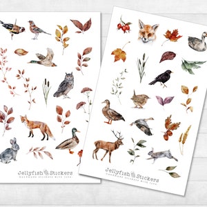 Herfst bos dieren sticker set - stickers, dagboek stickers, planner stickers, stickers vos, dieren, eend, konijn, uil, bloemen, herfstbladeren