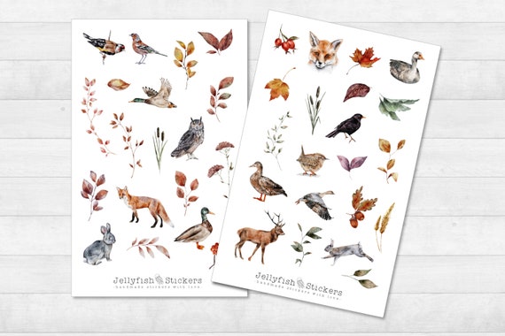 Herbst Waldtiere Sticker Set - Aufkleber, Journal Sticker, Planer Sticker, Sticker Fuchs, Tiere, Ente, Hase, Eule, Blumen, Herbstblätter