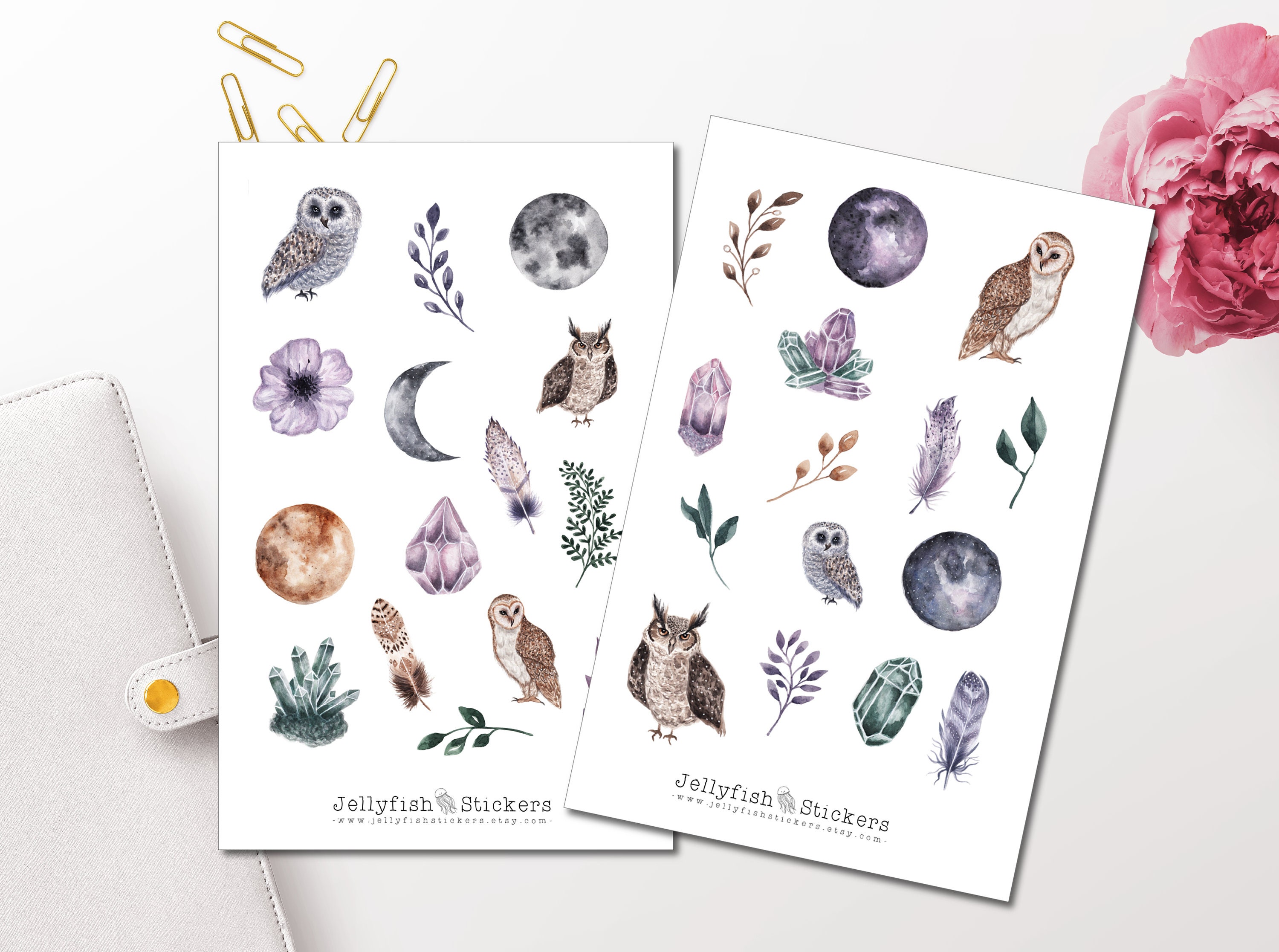 Magie Sticker Set – 2 Bögen, Mystische Motive (Hexe, Kristall, Tarot) Für Journal & Planer