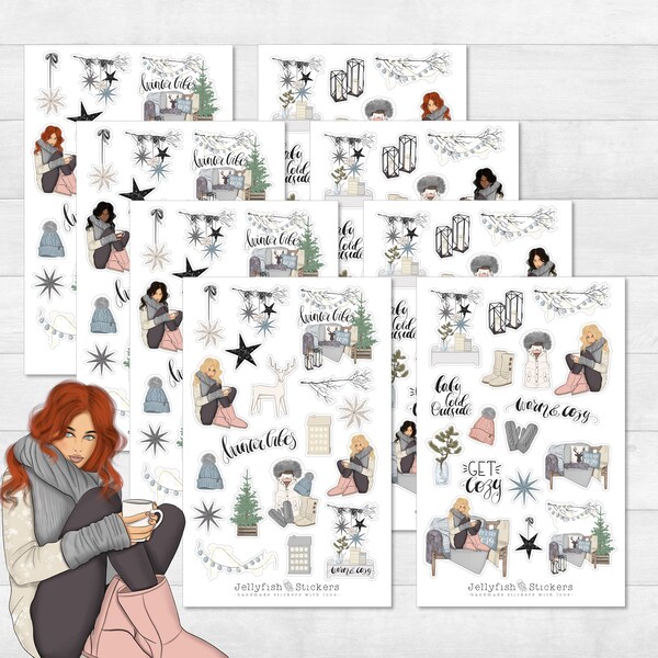 Mädchen Winter Sticker Set - Journal Sticker, Planer Sticker, Mädchen Sticker, Sticker Mode, Gemütlich, Herbst, Winter, Zuhause, Weihnachten