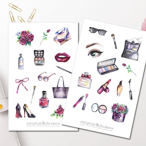 Ensemble d’autocollants de maquillage - Autocollants de journal Autocollants de planificateur Autocollants Beauté, Apparence, Mode, Maquillage, Filles, Femmes, Roses, Pinceaux, Fard à paupières