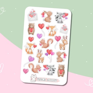 Feuille d'autocollants d'animaux - Autocollants, mignon, autocollants, Saint-Valentin, coeurs, amour, renard, ours, lapin, raton laveur, cerf, album bébé, enfants