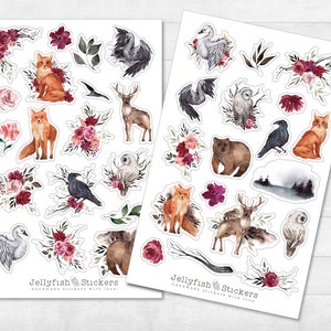 Ensemble d’autocollants floraux d’animaux de la forêt - Autocollants de journal, autocollants de planificateur, autocollants forêt, renard, cerf, ours, cerf, hibou, oiseaux, corbeau, cygne, fleurs