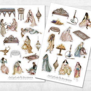 Könnte beinhalten: Zwei Blätter mit Aufklebern, die Illustrationen von Frauen in traditioneller Kleidung, Möbeln und anderen dekorativen Gegenständen im orientalischen Stil zeigen. Die Aufkleber sind mit "Jellyfish Stickers Handmade Stickers with Love." beschriftet.