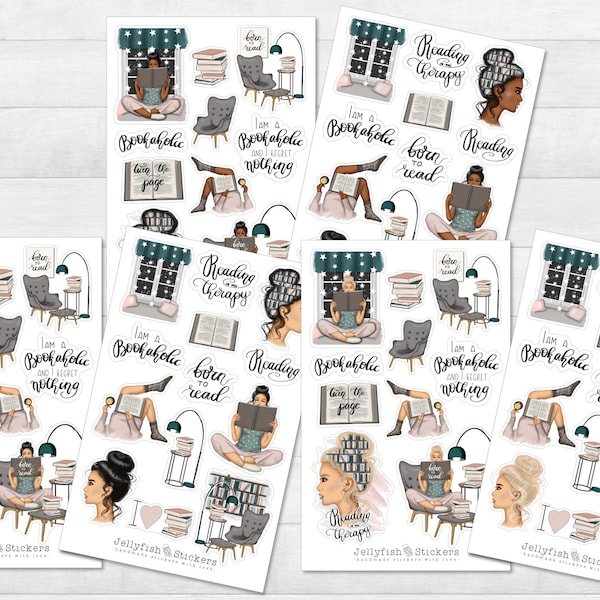 Girls Books Sticker Set - Journal Stickers, Planner Stickers, Home Stickers, Reading, Bookworm, Bookworm, Learning, Fashion, Hair Colors