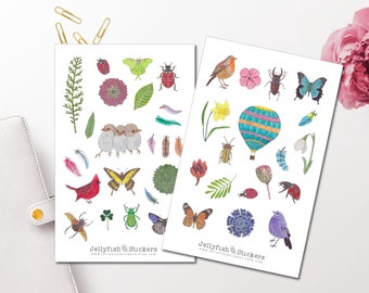 Vögel und Insekten Sticker Set - Aufkleber Tiere Journal Sticker Sticker Blumen Sticker Natur Sticker Insekten Sticker Sheet