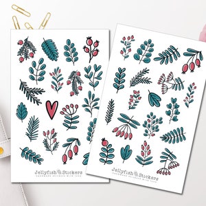 Set di adesivi con foglie e rami invernali - Adesivo per diario, adesivo per pianificatore, adesivo per autunno, Natale, foresta, natura, fiori