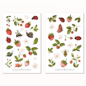 Aardbeien sticker set - dagboek stickers, planner stickers, stickers, stickers bloemen, planten, tuin, lieveheersbeestje, slak, insecten, bijen
