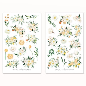 Blumen Sticker Set - Florale Aufkleber, Journal Sticker, Sticker Blumen, Natur, Frühling, Garten, Pflanzen, Blumenstrauß, Gelb, Weiß, Rose
